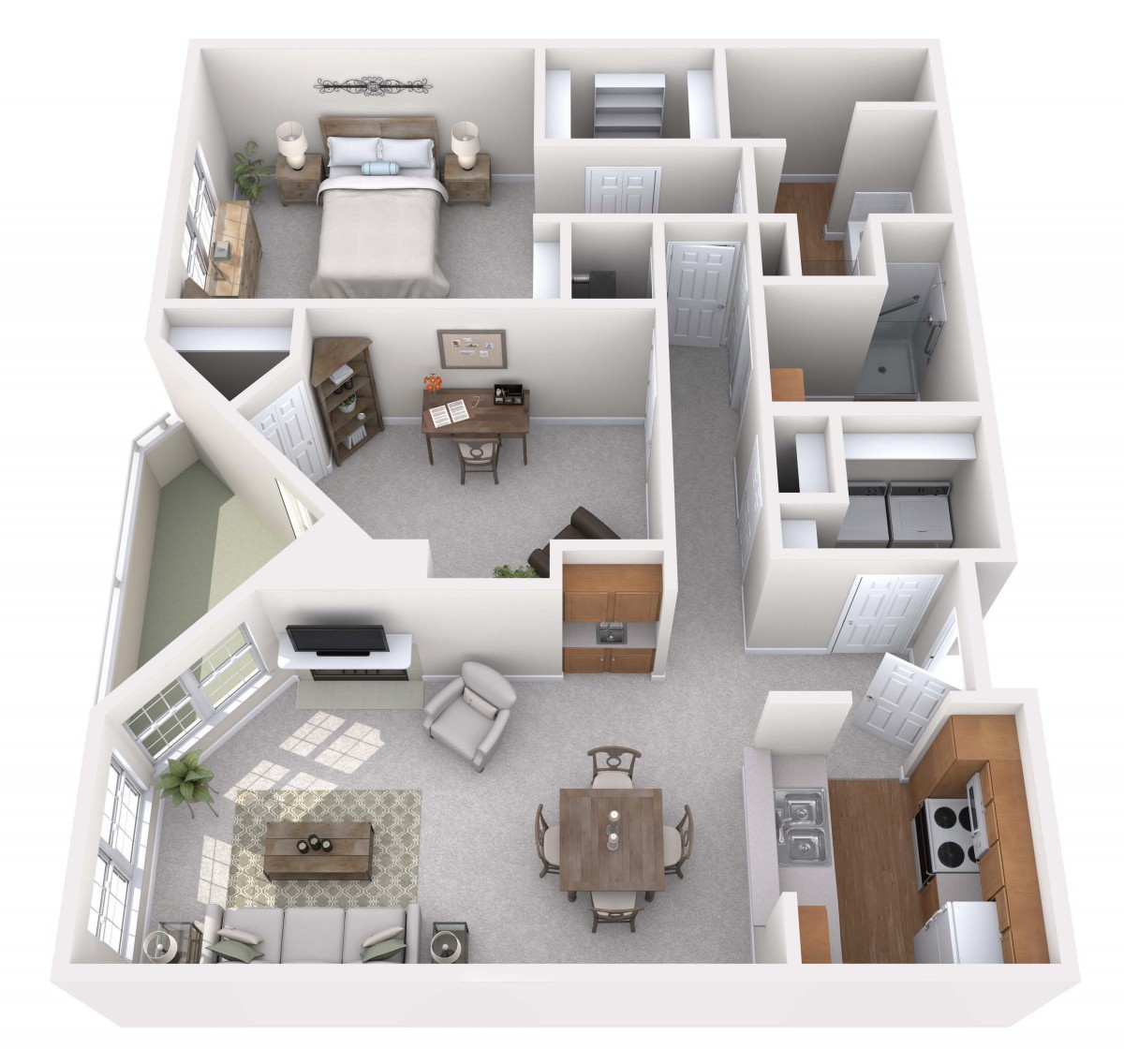 A 3D floor plan of a one-bedroom apartment featuring a kitchen, living area, dining space, and bathroom.