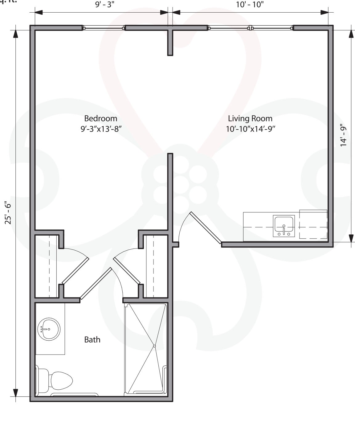 A simple floor plan showing the layout of a one-bedroom apartment.