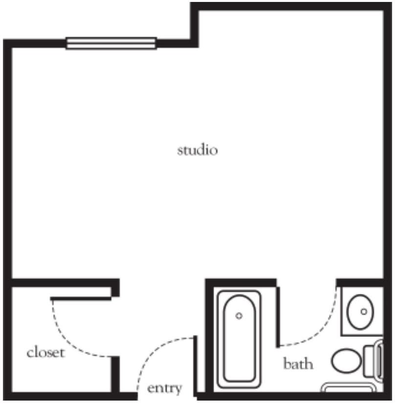 A simple floor plan of a studio apartment, featuring a bathroom, closet, and entry area.