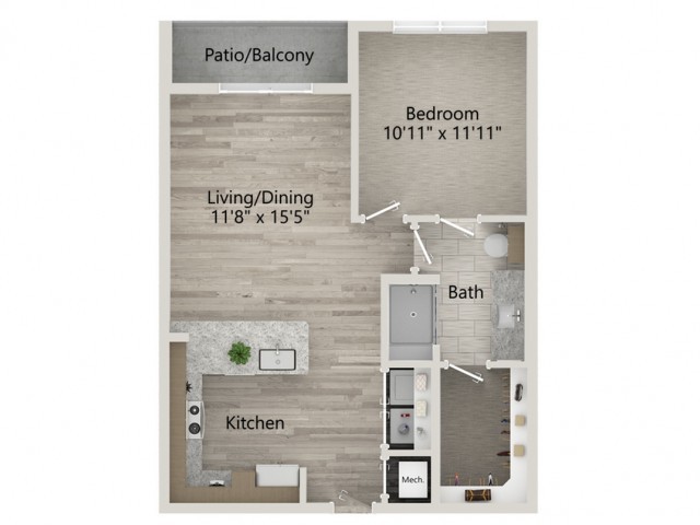 This is a floor plan of a one-bedroom apartment featuring a patio/balcony, living/dining area, kitchen, bath, and bedroom.