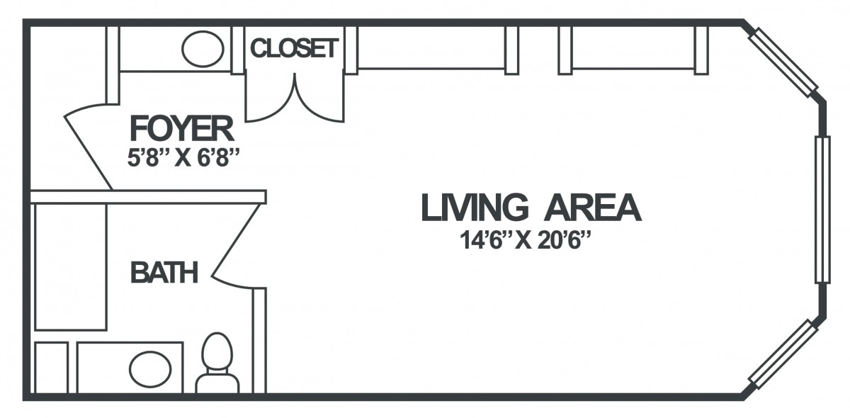 A floor plan showing a living area and closet with specified dimensions.