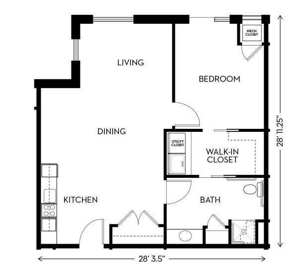 A floor plan of a one-bedroom apartment featuring a living area, kitchen, dining space, bedroom, walk-in closet, and bathroom.