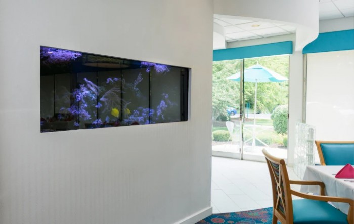 A modern interior featuring an embedded aquarium and large glass windows offering natural light.