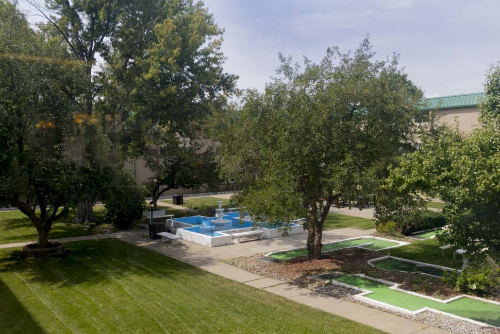 A peaceful outdoor scene featuring a swimming pool surrounded by lush greenery.