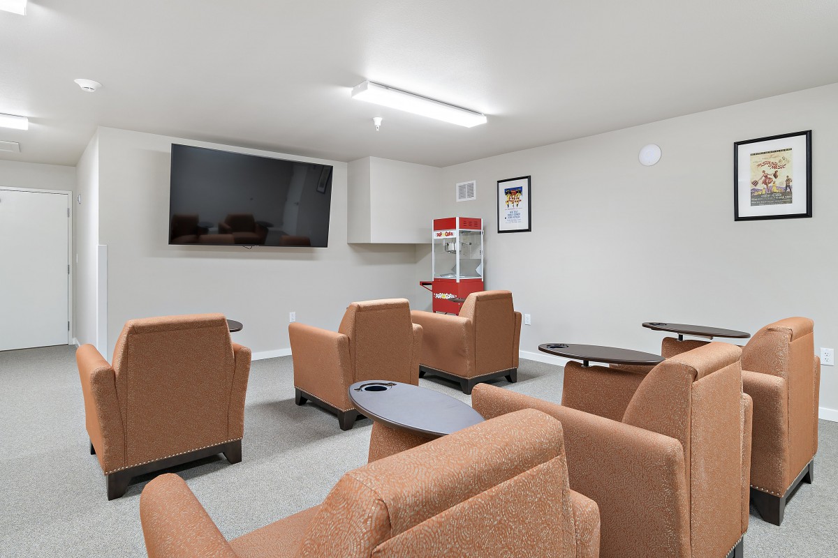 A cozy recreation room with comfortable seating and a large television, perfect for movie nights.