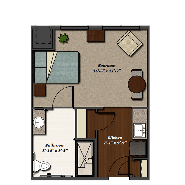 A compact one-bedroom apartment floor plan with labeled dimensions, featuring a bedroom, bathroom, kitchen, and living area.