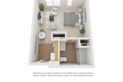 3D floor plan of a compact studio apartment featuring a bedroom, living area, kitchen, and bathroom.