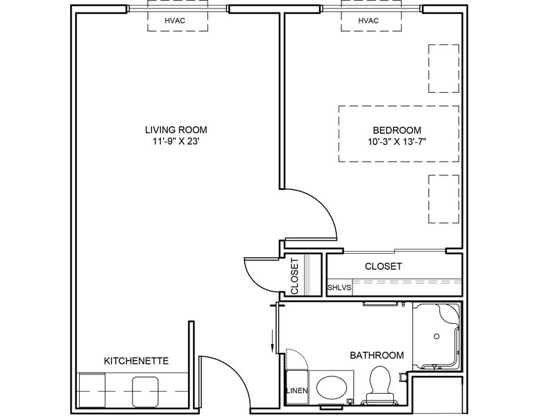 A detailed floor plan of a one-bedroom apartment with labeled rooms and dimensions.