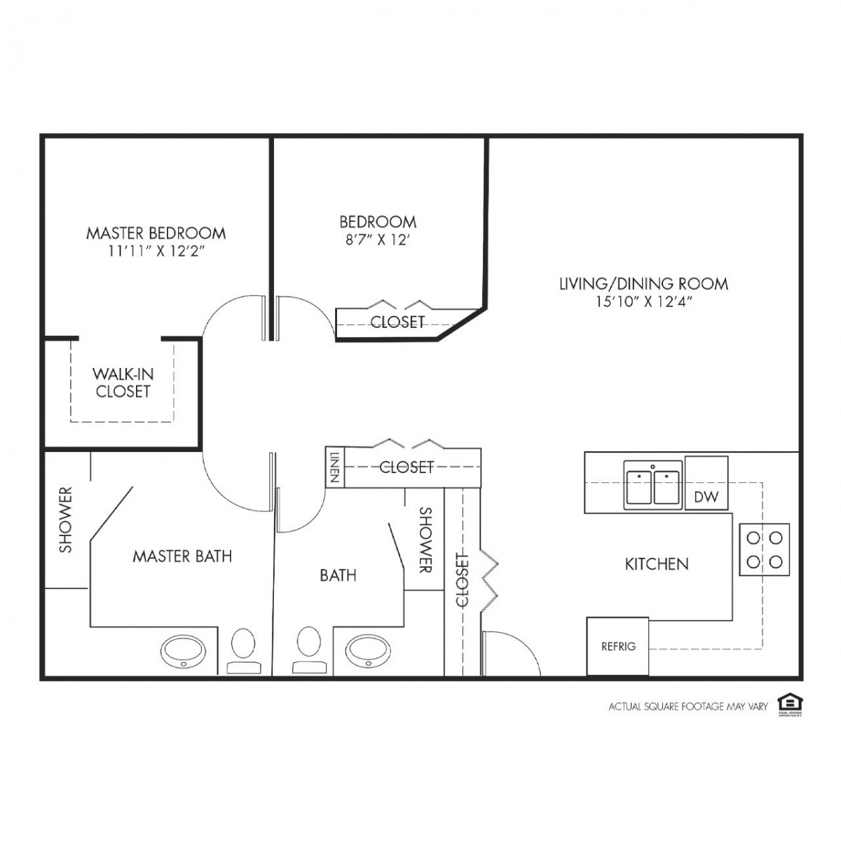 A detailed floor plan of a two-bedroom apartment with labeled rooms including a master bedroom, kitchen, and living room.