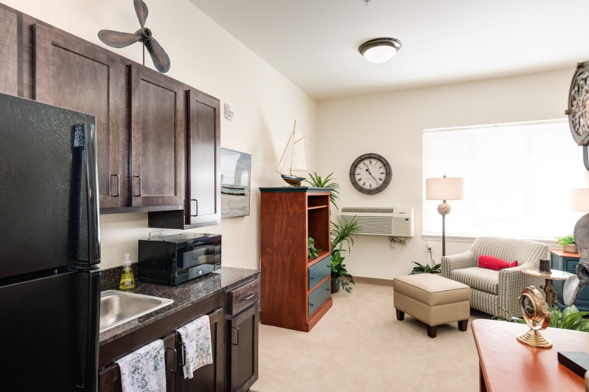 A modern and cozy living area with a kitchenette, featuring elegant furniture, a large wall clock, and indoor plants.