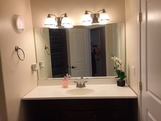 A bathroom vanity with a large mirror, bright lighting, and decorative orchid.