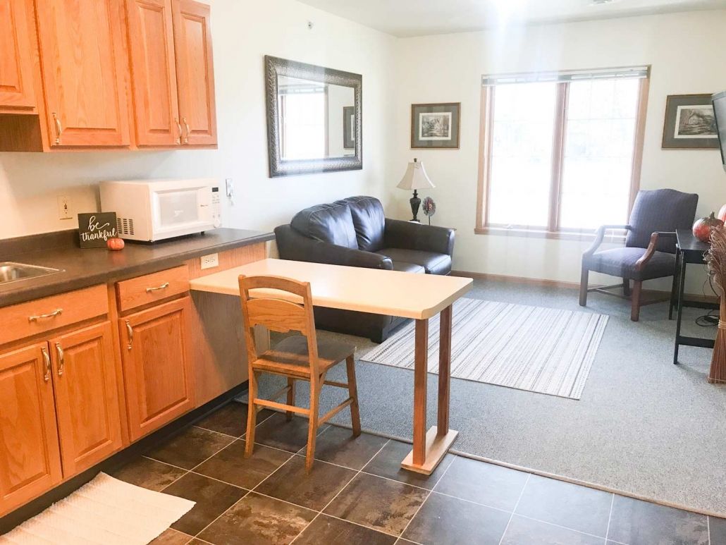 A cozy open-concept kitchen and living area with a small table, chair, and sofa.