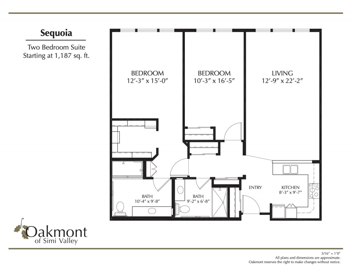 Floor plan of a two-bedroom apartment suite named Sequoia, featuring a living room and bathroom.
