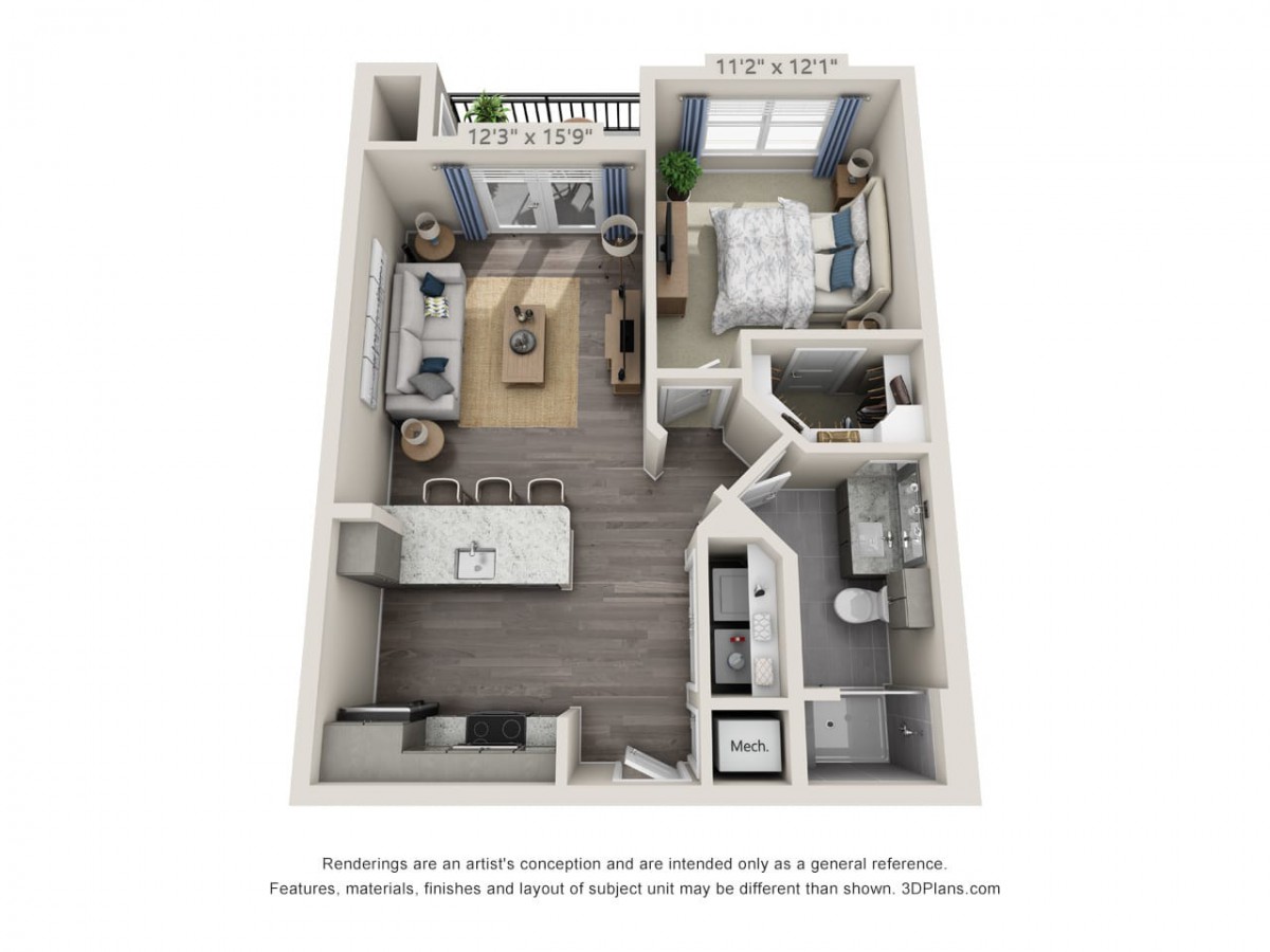 A 3D floor plan of a one-bedroom apartment featuring a living room, kitchen, bathroom, and balcony.