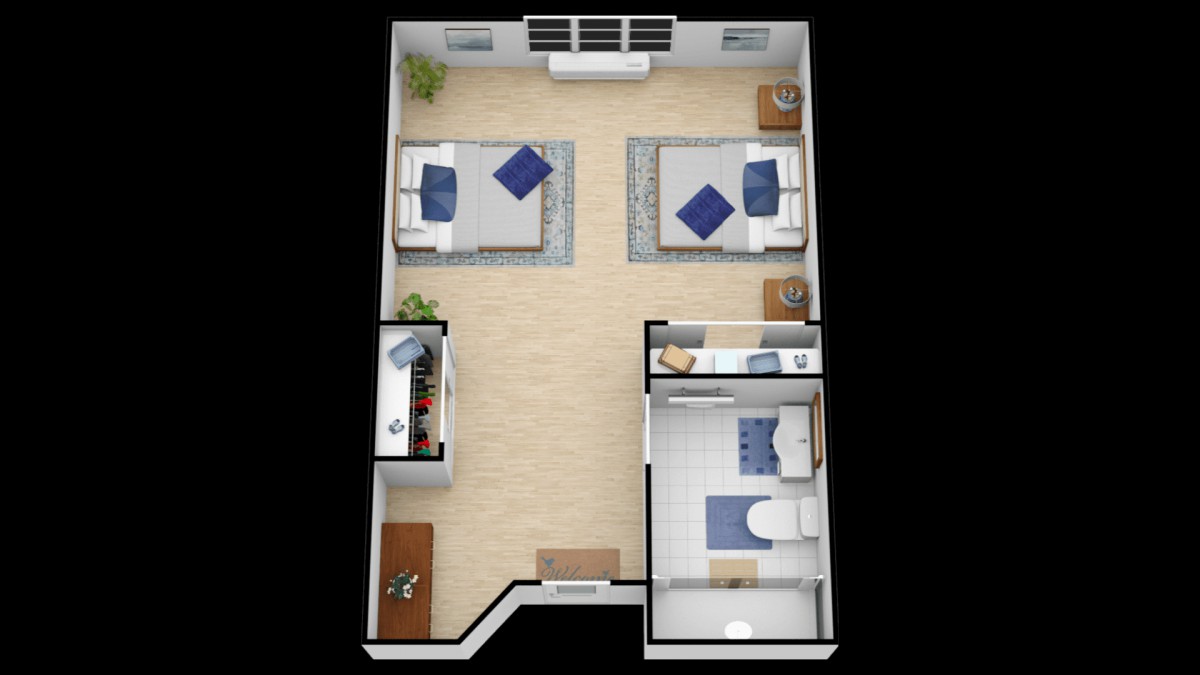 A modern floor plan of a bedroom with twin beds and an attached bathroom.