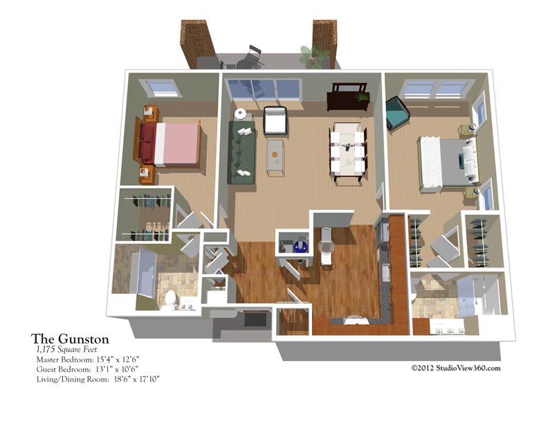 A detailed floor plan of a two-bedroom apartment with a kitchen, living room, and bathroom.