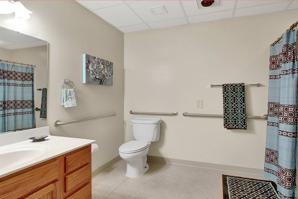 A handicap accessible bathroom with grab bars, a toilet, a sink, and decorative towels.