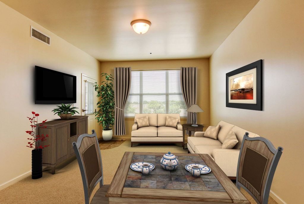 A cozy living room with modern furniture and warm lighting.
