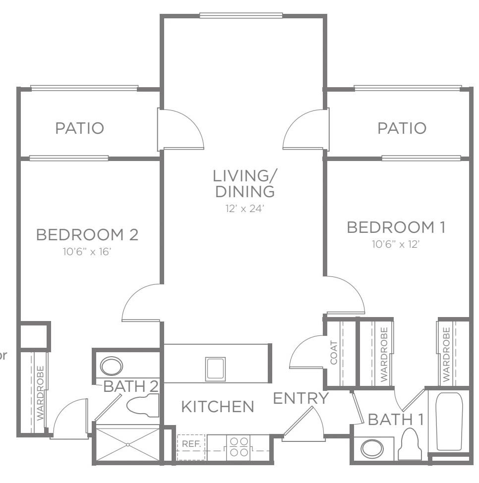 This is a floor plan of a two-bedroom apartment showing the layout with living/dining area, kitchen, bathrooms, and patios.