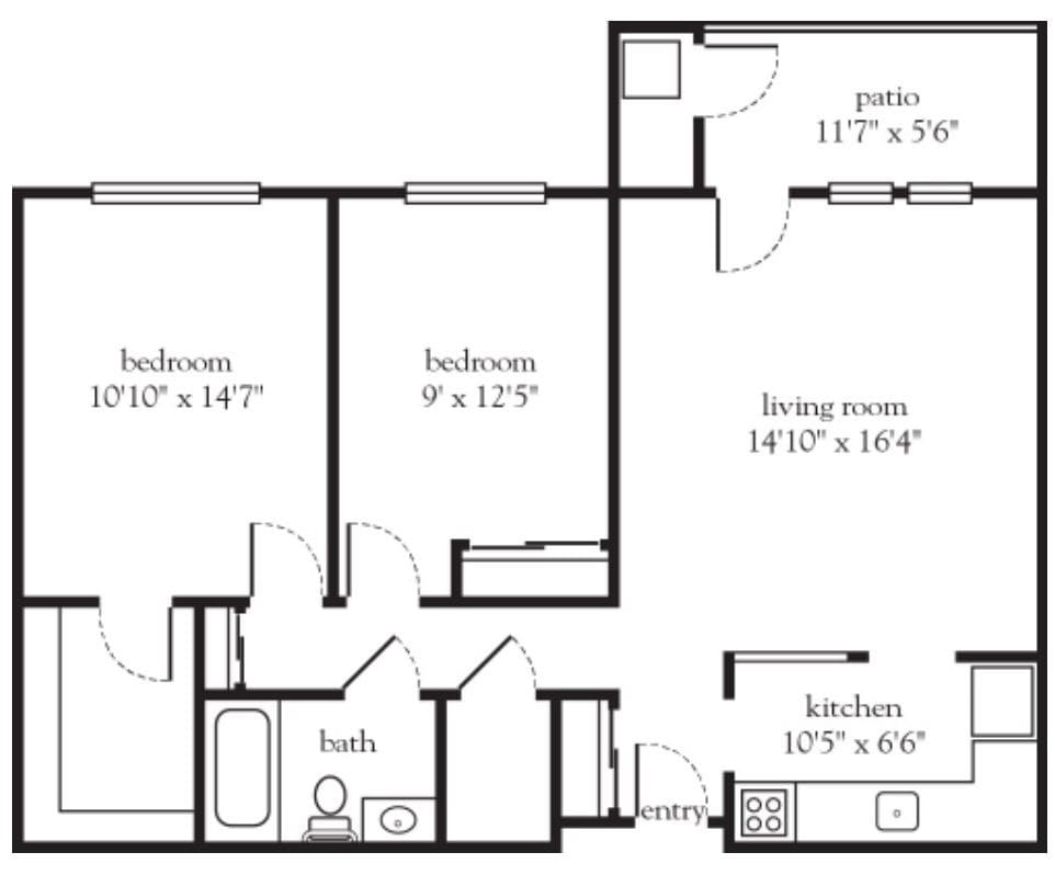 A floor plan of an apartment featuring two bedrooms, a living room, kitchen, bathroom, and patio.