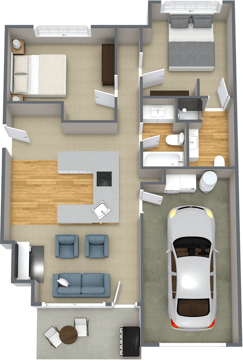 A 3D floor plan depicting the layout of an apartment with a bedroom, living area, kitchen, bathroom, and garage.