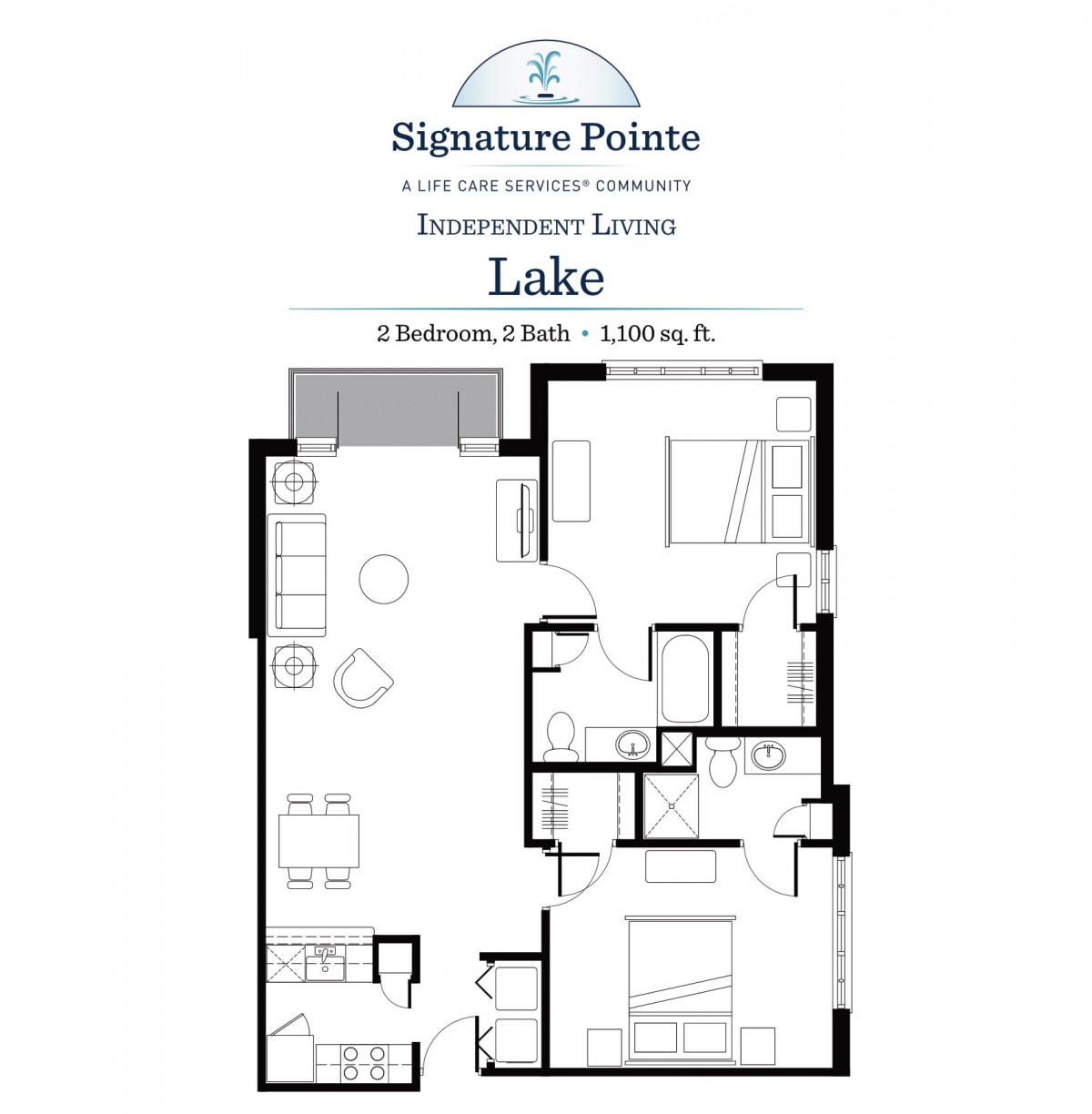 This is a floor plan of a two-bedroom, two-bathroom apartment labeled 'Lake' from Signature Pointe.
