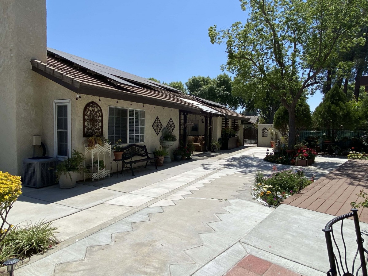 A sunny courtyard with a pathway lined by a house, garden decor, and trees.