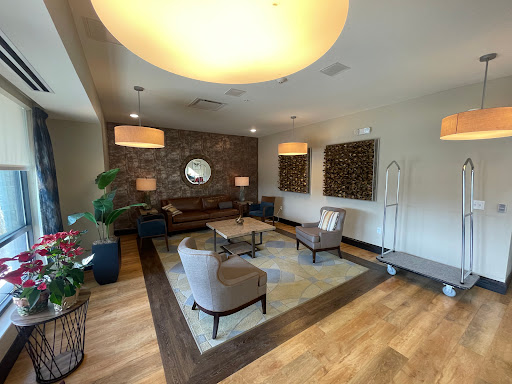 A stylish and inviting living room featuring modern furniture and warm lighting.