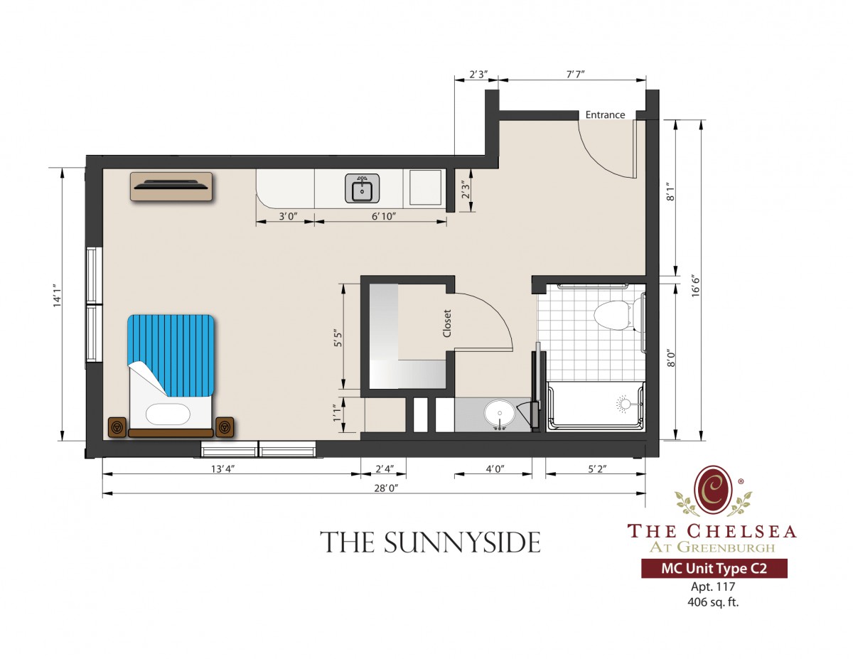 Floor plan of a one-bedroom apartment labeled 'The Sunnyside'.