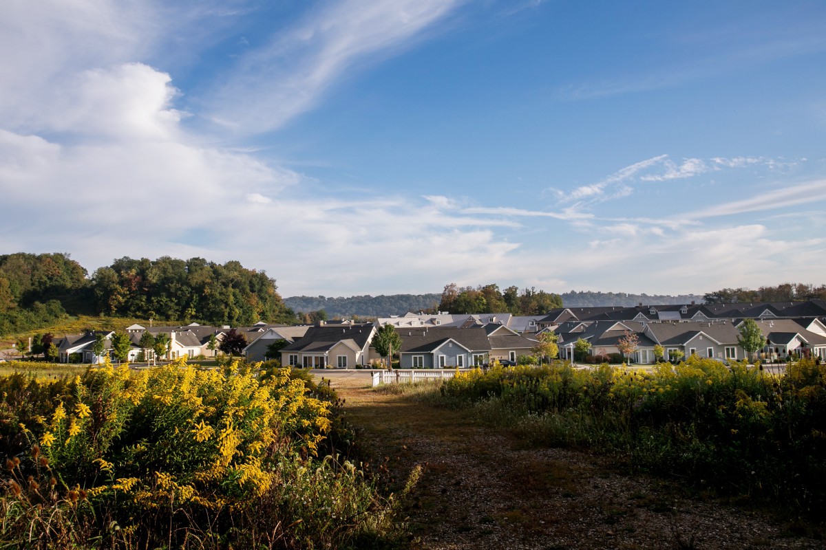 A picturesque view of a countryside village with houses nestled among lush greenery under a clear blue sky.