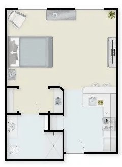 A simple floor plan of an apartment including a bedroom and kitchen area.