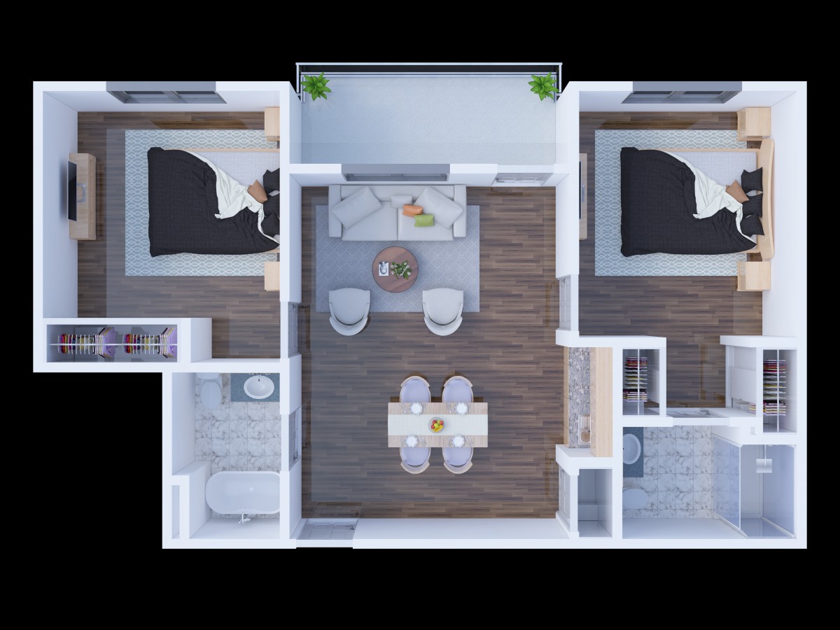 A modern apartment floor plan featuring two bedrooms, a central living and dining area, and a bathroom.