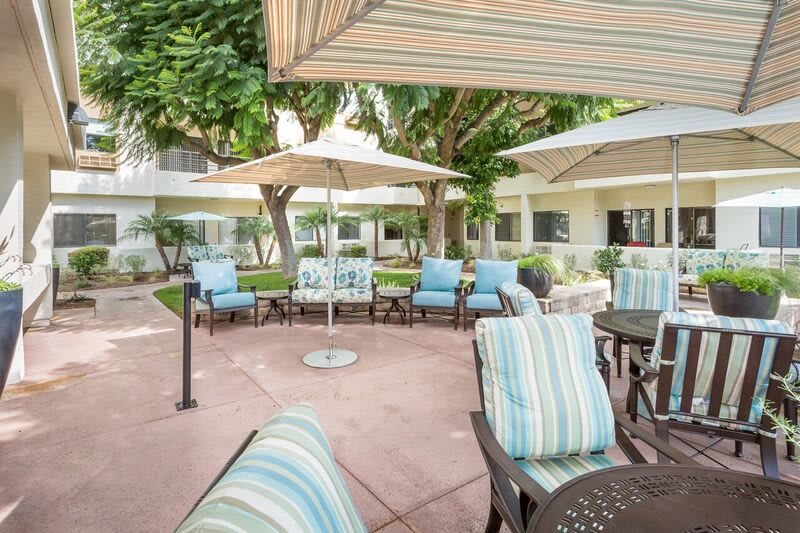 A cozy outdoor patio area with chairs and tables under large umbrellas, surrounded by greenery.