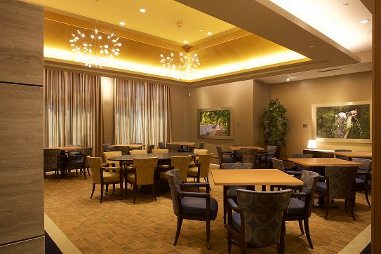 A modern dining area with elegant lighting and neatly arranged tables and chairs.