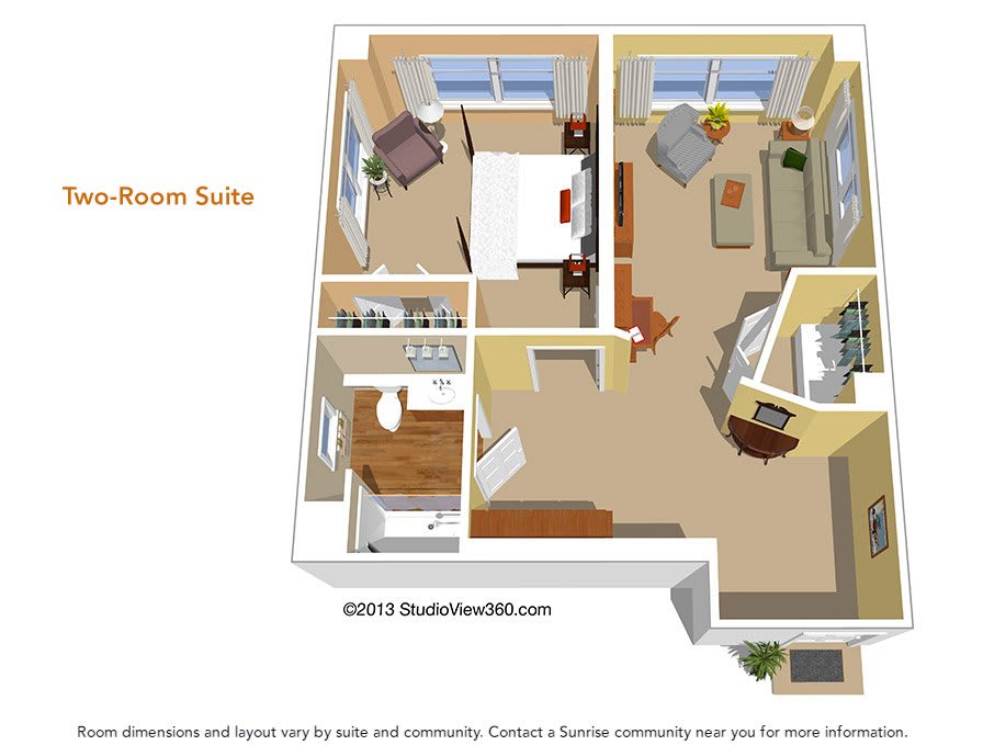 A detailed floor plan of a room suite including a bedroom, living area, bathroom, and kitchenette.