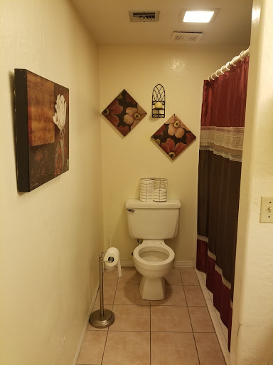 A cozy bathroom featuring a toilet and decorative elements on the walls.