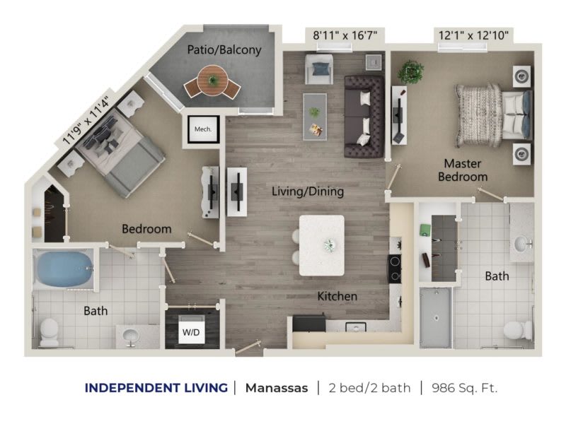 A floor plan of a two-bedroom, two-bathroom apartment with a living room, kitchen, and balcony.