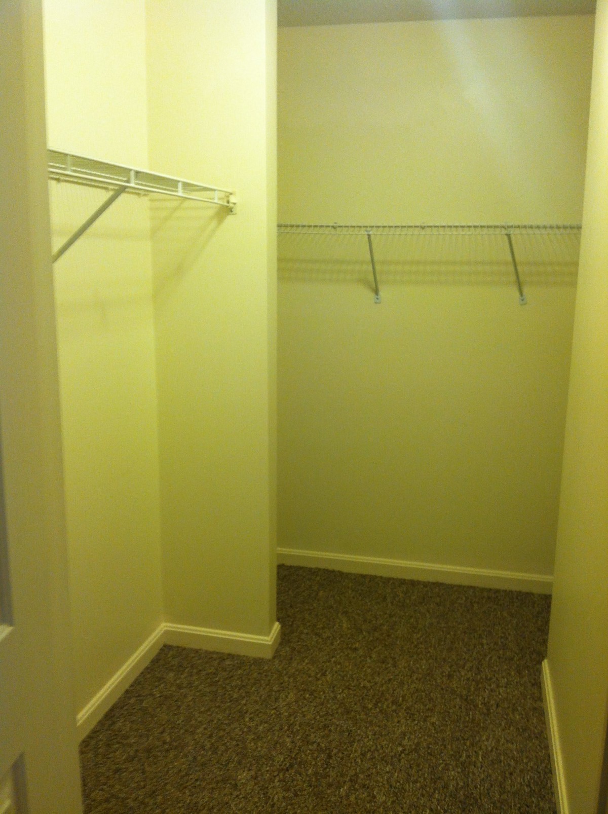 An empty walk-in closet with wire shelves and a carpeted floor.