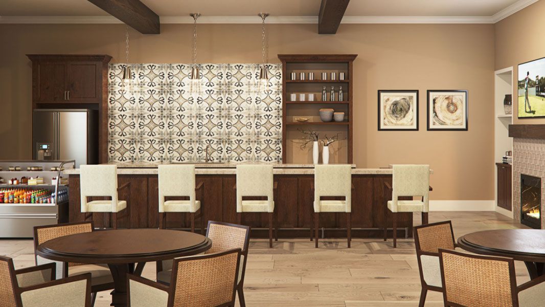 A stylish bar interior featuring a modern design with wooden accents and high chairs.