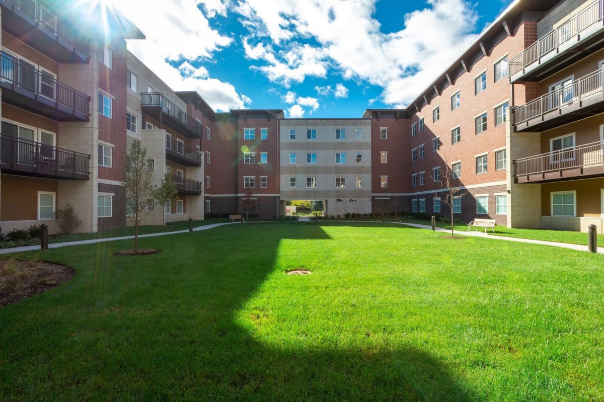A sunny day in a grassy courtyard surrounded by brick buildings.