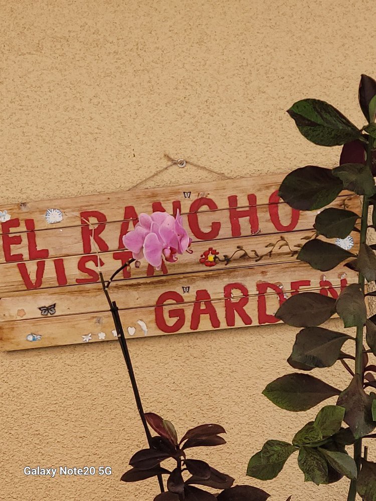 A rustic garden sign with a pink flower in the foreground.