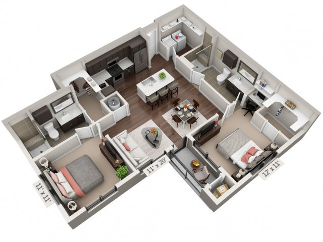 A 3D floor plan of a modern two-bedroom apartment featuring a spacious living area, kitchen, and bathroom.