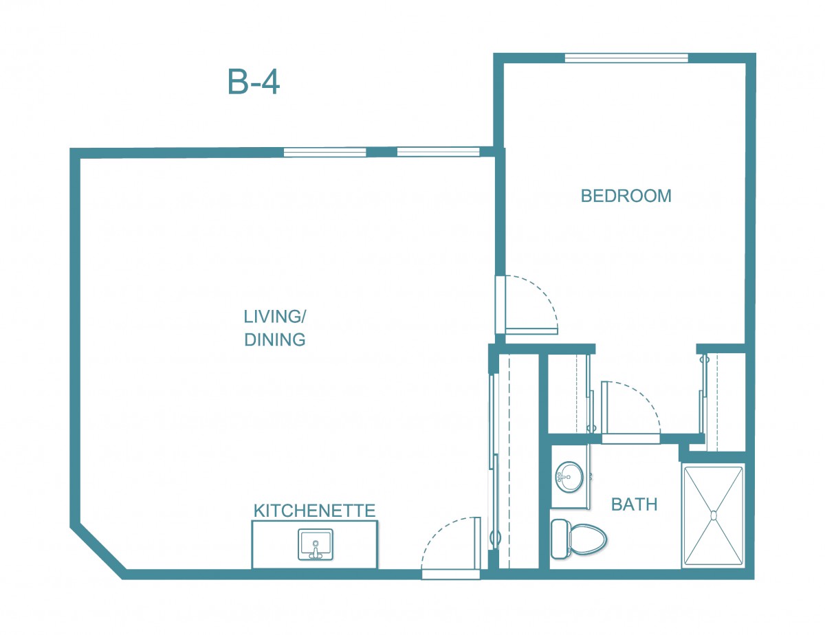A blueprint of a one-bedroom apartment featuring a living and dining area, kitchenette, and bathroom.