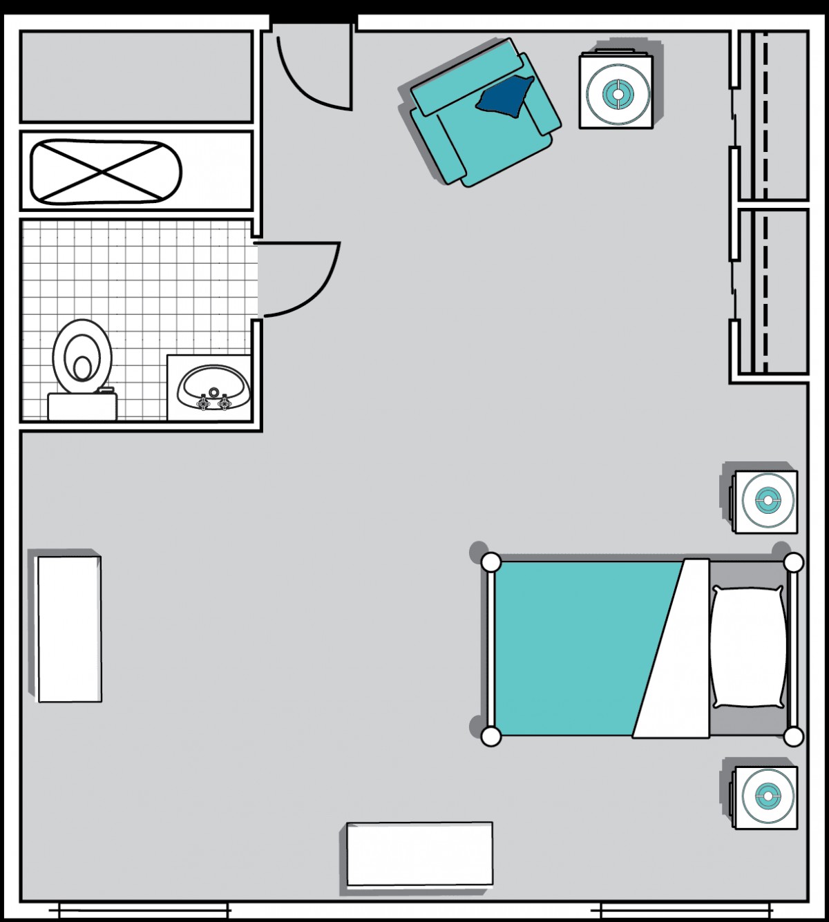 A simple floor plan featuring a bedroom, bathroom, and living area.
