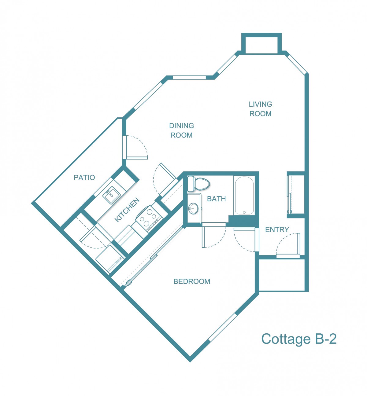 Floor plan of a cottage labeled as Cottage B-2, showing a layout with a bedroom, living room, porch, and bath.