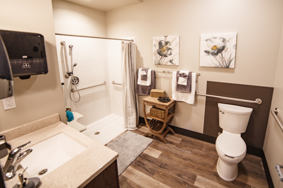 A modern bathroom with a walk-in shower, toilet, and sink, featuring minimalist decor and wooden flooring.