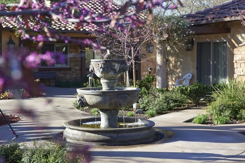 A tranquil courtyard featuring a multi-tiered fountain surrounded by blooming purple flowers.