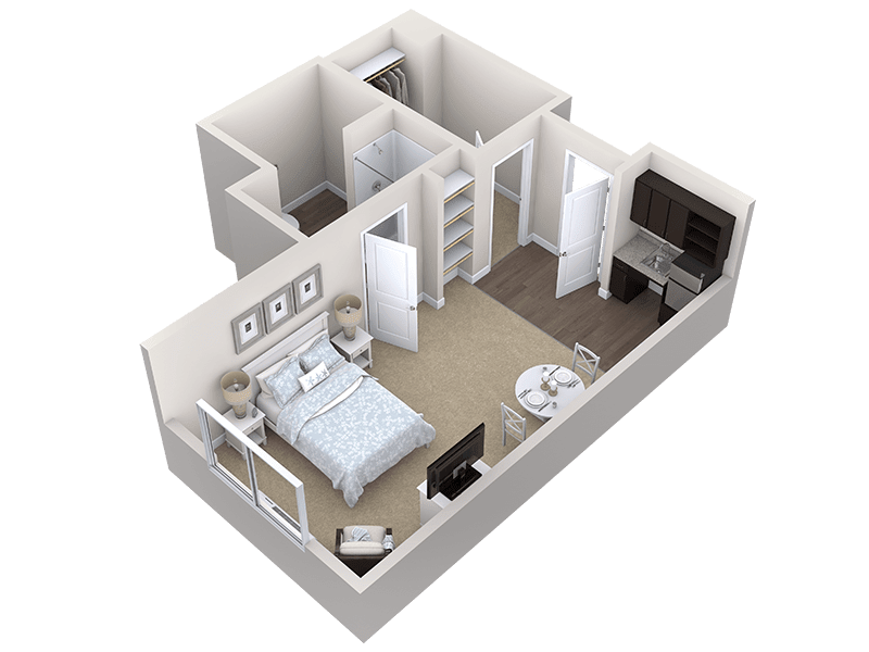 A 3D rendered floor plan of a one-bedroom apartment layout.