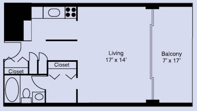 Studio apartment floor plan with living area and kitchen.