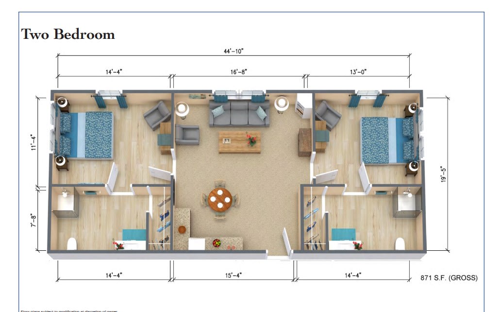 A detailed floor plan of a two-bedroom apartment featuring a central living room and organized furniture layout.